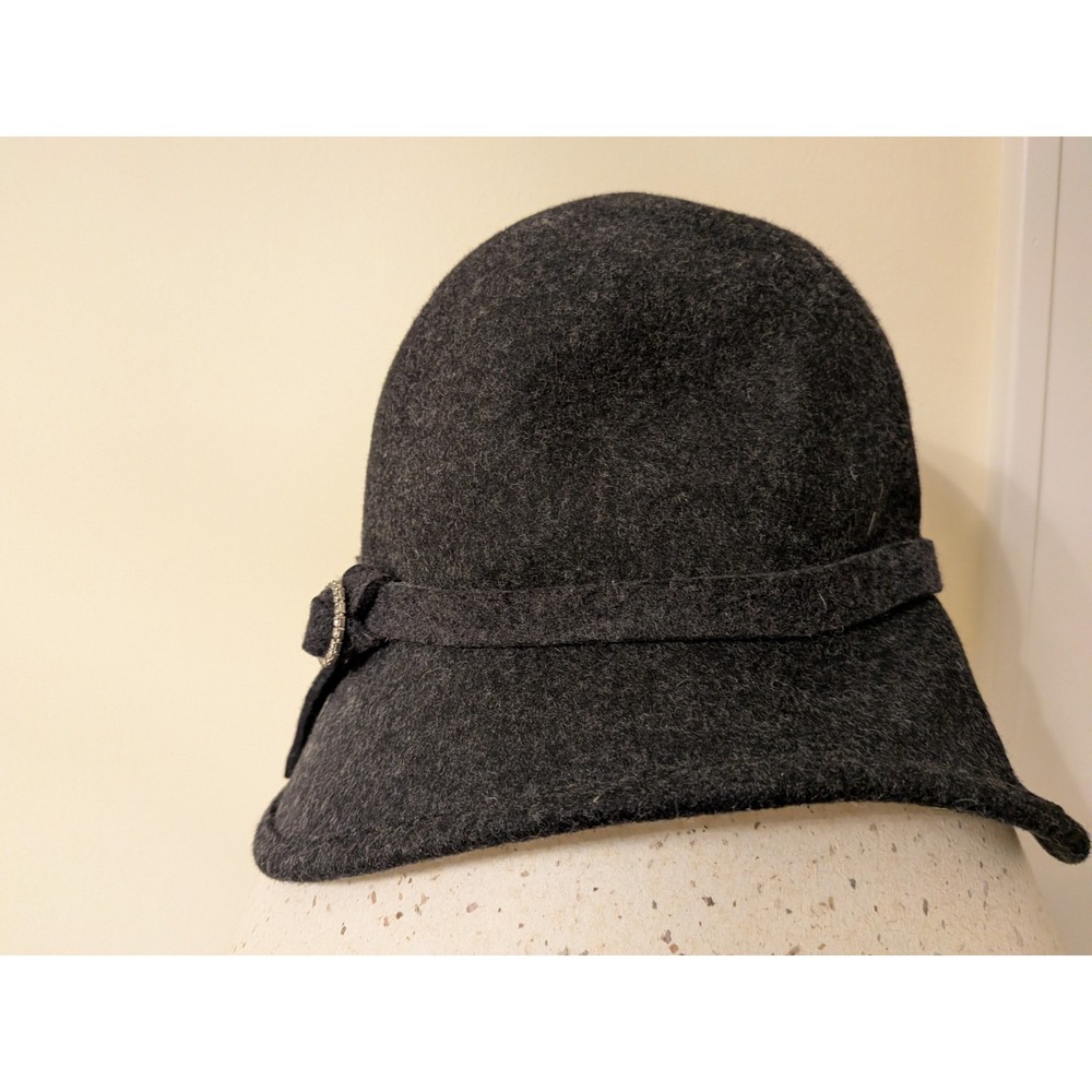 Scala Women's Dark Grey Felt‎ Wool Cloche Bucket Hat with Rhinestone Side Clasp